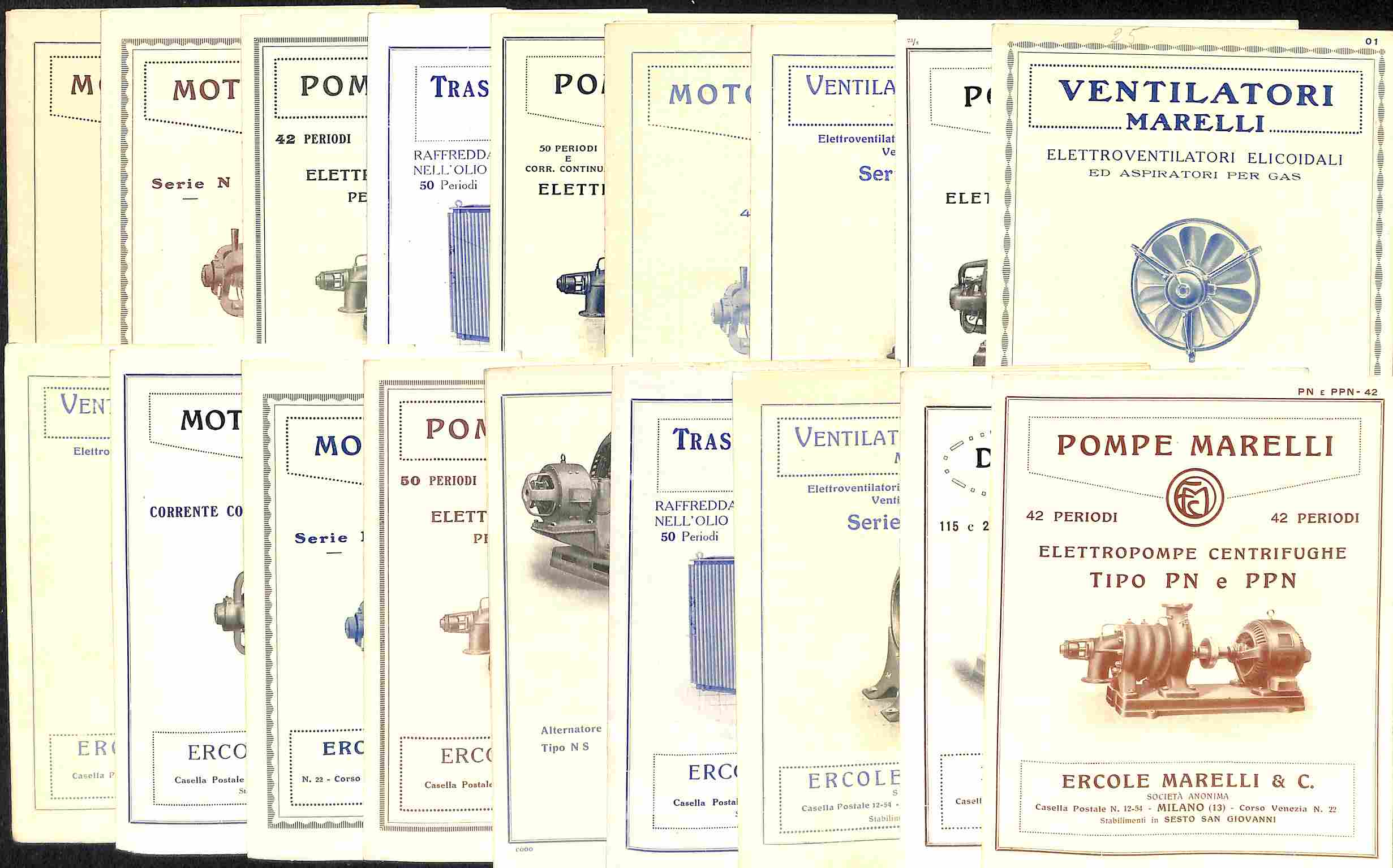 Raccolta di 18 pieghevoli pubblicitari Marelli: Motori trifasi; Pompe; Dinamo; Ventilatori centrifughi...